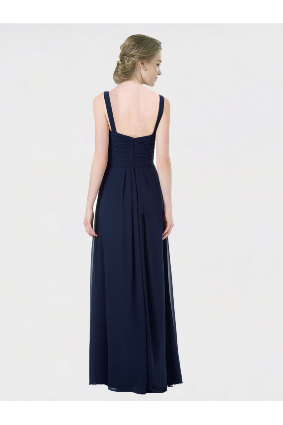 Azul marina oscuro línea A Cuello de Corazón Gasa Largo Vestidos de dama de honor