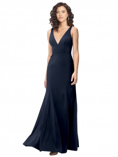 Azul marina oscuro línea A Cuello en V Cuello Alto Crepé Elástico Largo Formales Vestidos de dama de honor / Vestidos de fiesta