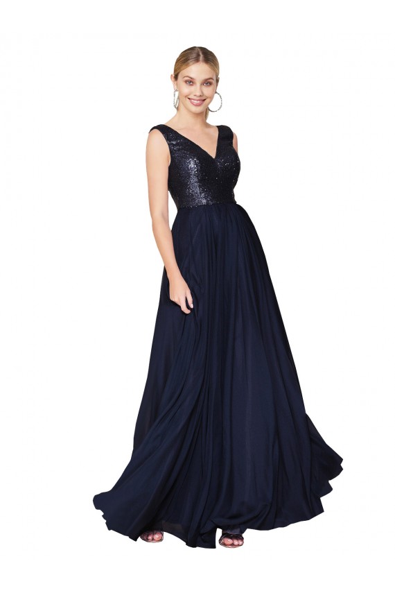 Azul marina oscuro línea A Cuello en V Cuello Alto Gasa Lentejuela Largo Vestidos de dama de honor / Vestidos de fiesta