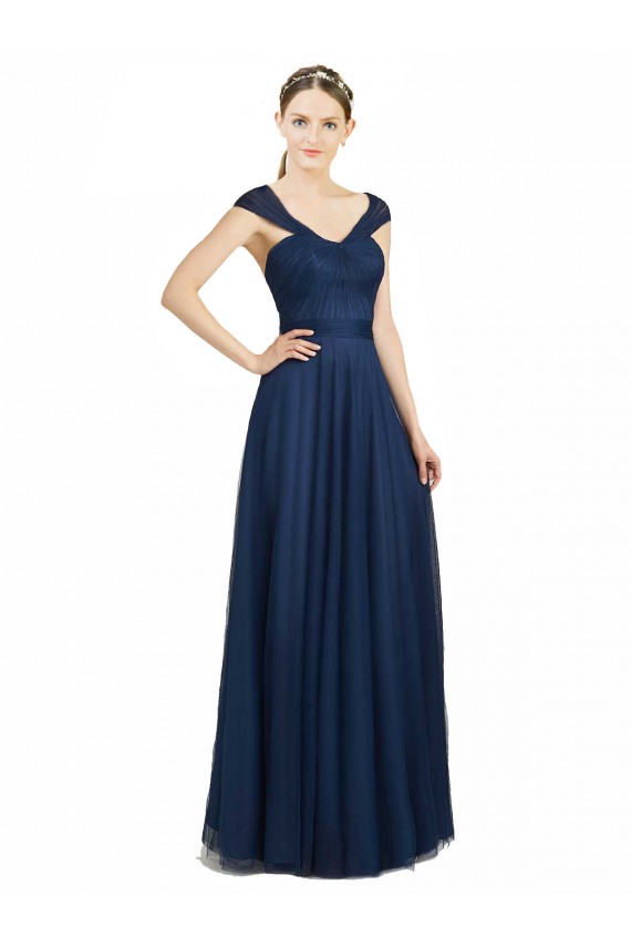 Azul marina oscuro línea A Cuello en V Cuello de Corazón Tul Largo Vestidos de dama de honor