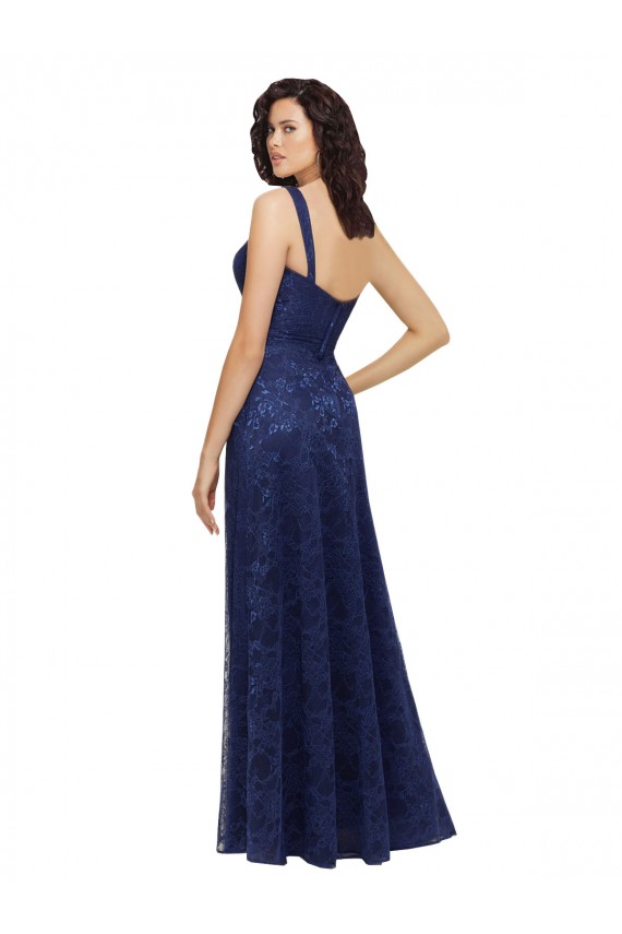 Azul marina oscuro línea A Cuello en V Encaje Largo Vestidos de dama de honor