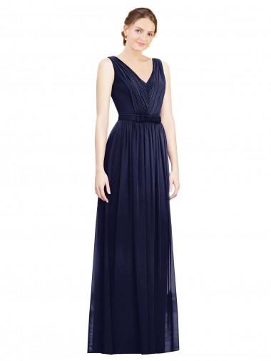 Azul marina oscuro línea A Cuello en V Gasa Largo Vestidos de dama de honor