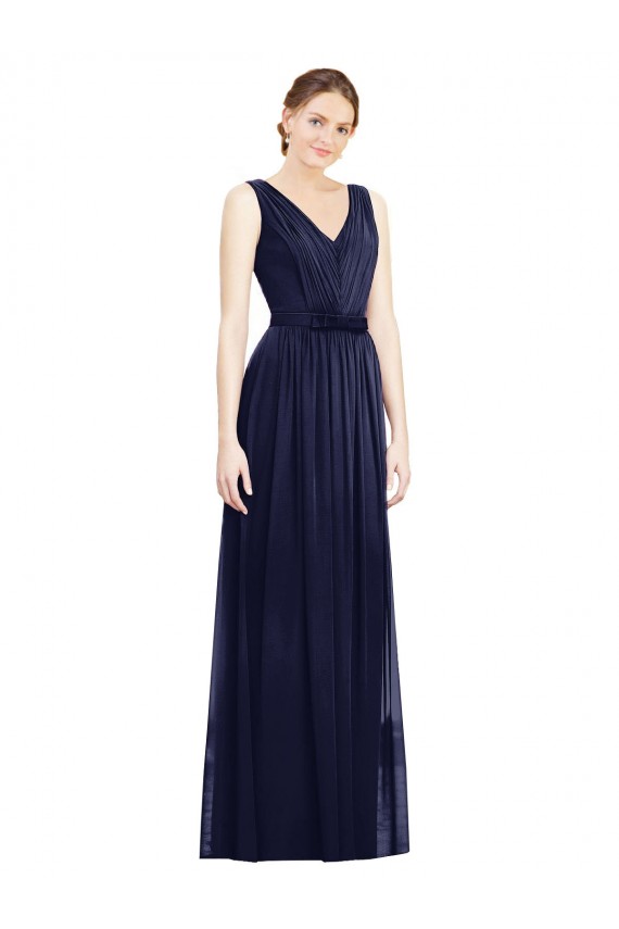 Azul marina oscuro línea A Cuello en V Gasa Largo Vestidos de dama de honor