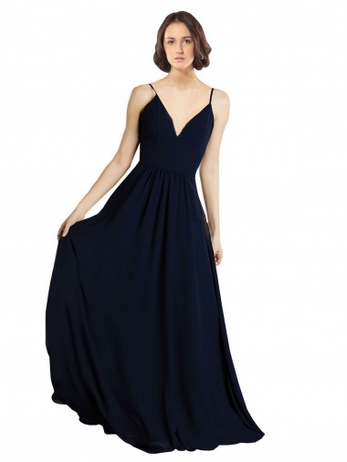 Azul marina oscuro línea A Cuello en V Gasa Largo Vestidos de dama de honor