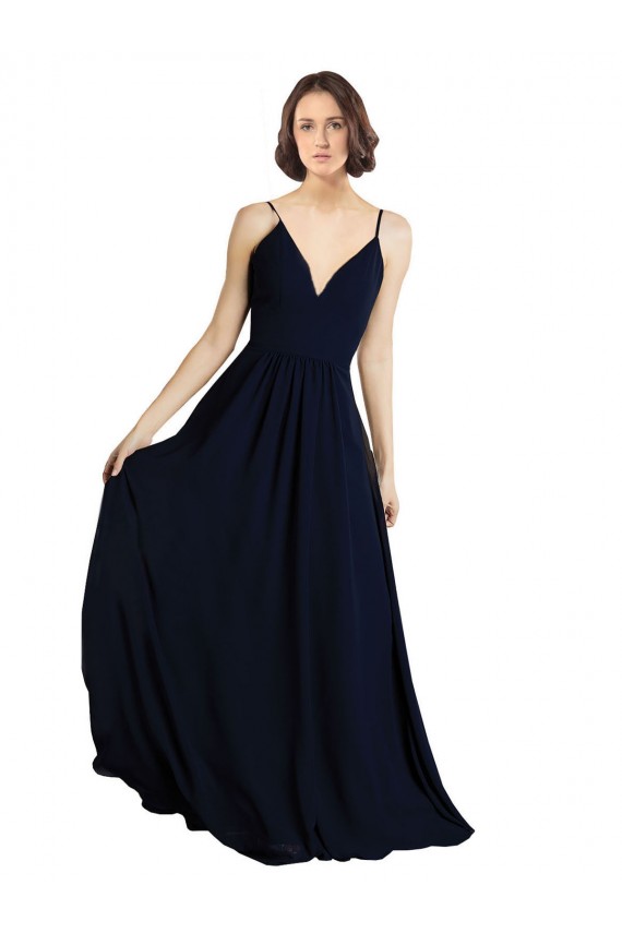 Azul marina oscuro línea A Cuello en V Gasa Largo Vestidos de dama de honor