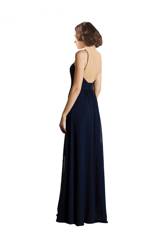 Azul marina oscuro línea A Cuello en V Gasa Largo Vestidos de dama de honor