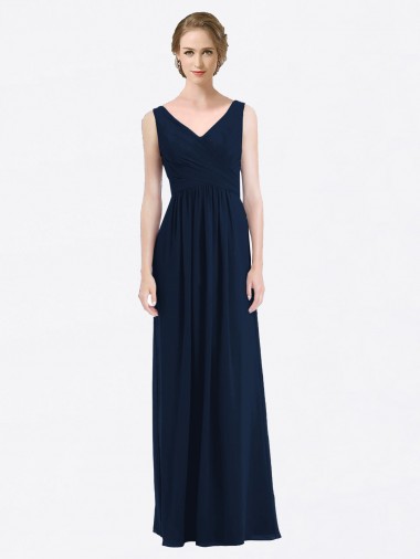 Azul marina oscuro línea A Cuello en V Gasa Largo Vestidos de dama de honor