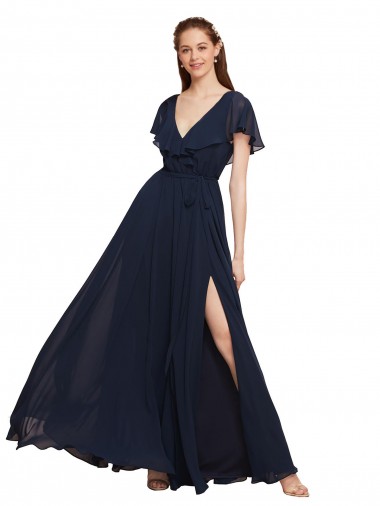 Azul marina oscuro línea A Cuello en V Gasa Largo Vestidos de dama de honor