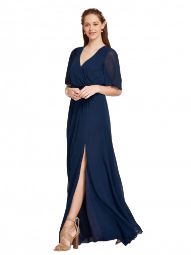 Azul marina oscuro línea A Cuello en V Gasa Largo Vestidos de dama de honor