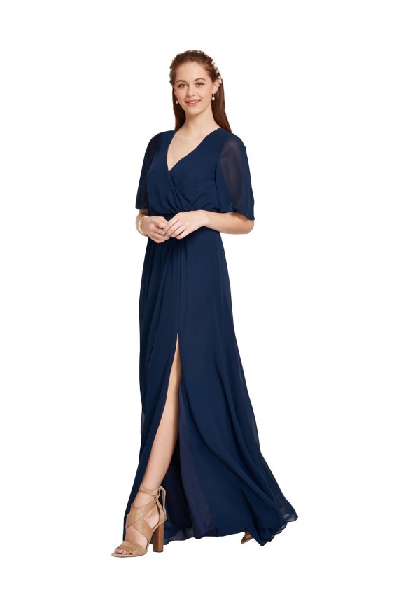 Azul marina oscuro línea A Cuello en V Gasa Largo Vestidos de dama de honor