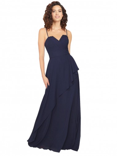 Azul marina oscuro línea A Cuello en V Gasa Largo Vestidos de dama de honor