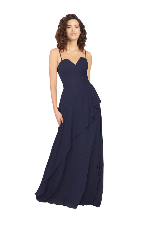 Azul marina oscuro línea A Cuello en V Gasa Largo Vestidos de dama de honor