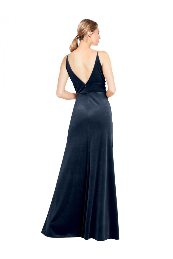 Azul marina oscuro línea A Cuello en V Terciopelo Elástico Largo Vestidos de dama de honor / Vestidos de fiesta
