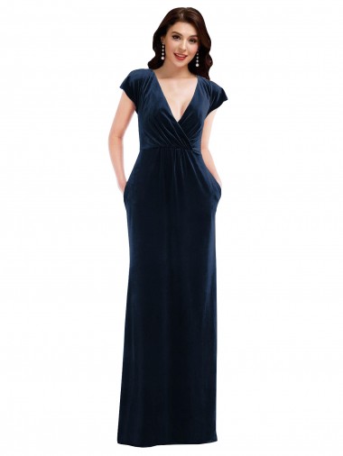 Azul marina oscuro línea A Cuello en V Terciopelo Elástico Largo Formales Vestidos de dama de honor / Vestidos de fiesta