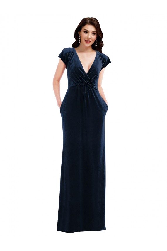 Azul marina oscuro línea A Cuello en V Terciopelo Elástico Largo Formales Vestidos de dama de honor / Vestidos de fiesta