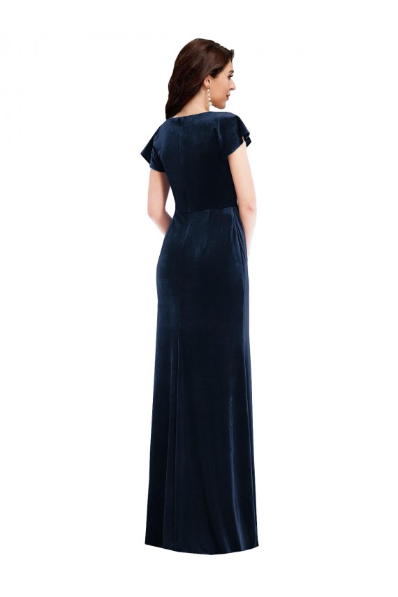 Azul marina oscuro línea A Cuello en V Terciopelo Elástico Largo Formales Vestidos de dama de honor / Vestidos de fiesta