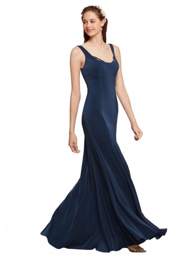 Azul marina oscuro línea A Cuello redondo Crepé Elástico Largo Formales Vestidos de dama de honor / Vestidos de fiesta