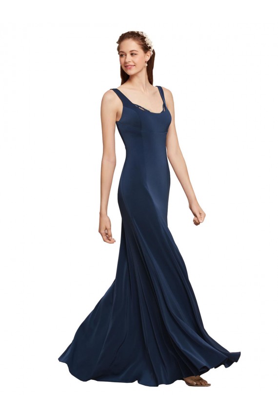 Azul marina oscuro línea A Cuello redondo Crepé Elástico Largo Formales Vestidos de dama de honor / Vestidos de fiesta