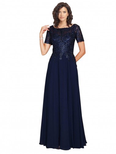 Azul marina oscuro línea A Cuello redondo Gasa Largo Vestidos de dama de honor / Vestidos de fiesta
