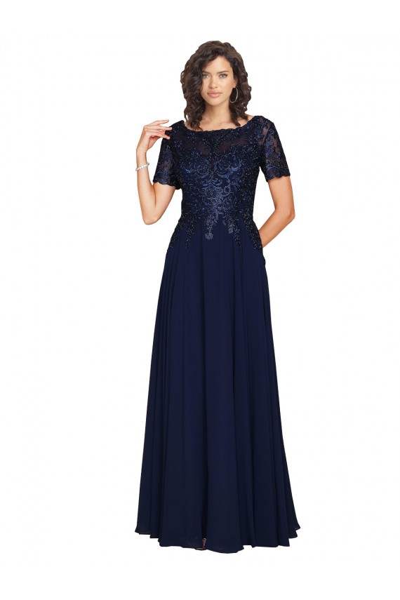Azul marina oscuro línea A Cuello redondo Gasa Largo Vestidos de dama de honor / Vestidos de fiesta