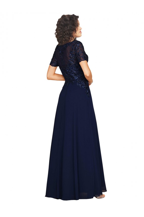 Azul marina oscuro línea A Cuello redondo Gasa Largo Vestidos de dama de honor / Vestidos de fiesta