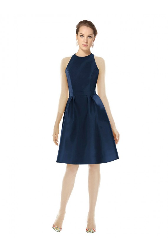 Azul marina oscuro línea A Halter Cóctel Satén Corto Vestidos de dama de honor / Vestidos de cóctel