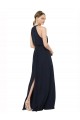 Azul marina oscuro línea A Halter Cuello Alto Gasa Largo Vestidos de dama de honor