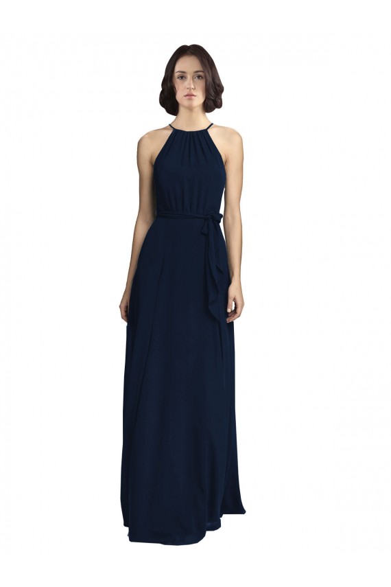 Azul marina oscuro línea A Halter Cuello Alto Gasa Largo Vestidos de dama de honor