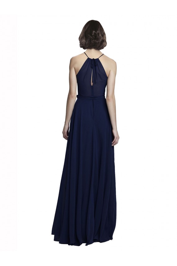Azul marina oscuro línea A Halter Cuello Alto Gasa Largo Vestidos de dama de honor