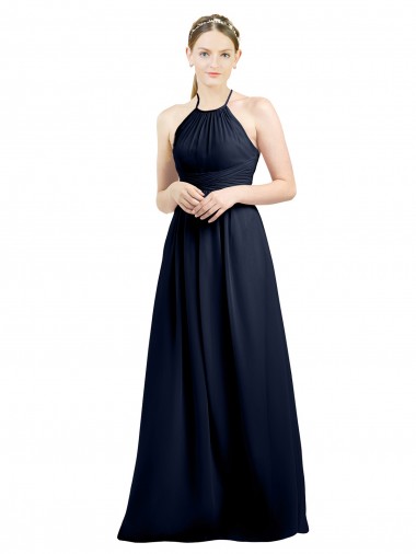Azul marina oscuro línea A Halter Cuello Alto Gasa Largo Vestidos de dama de honor