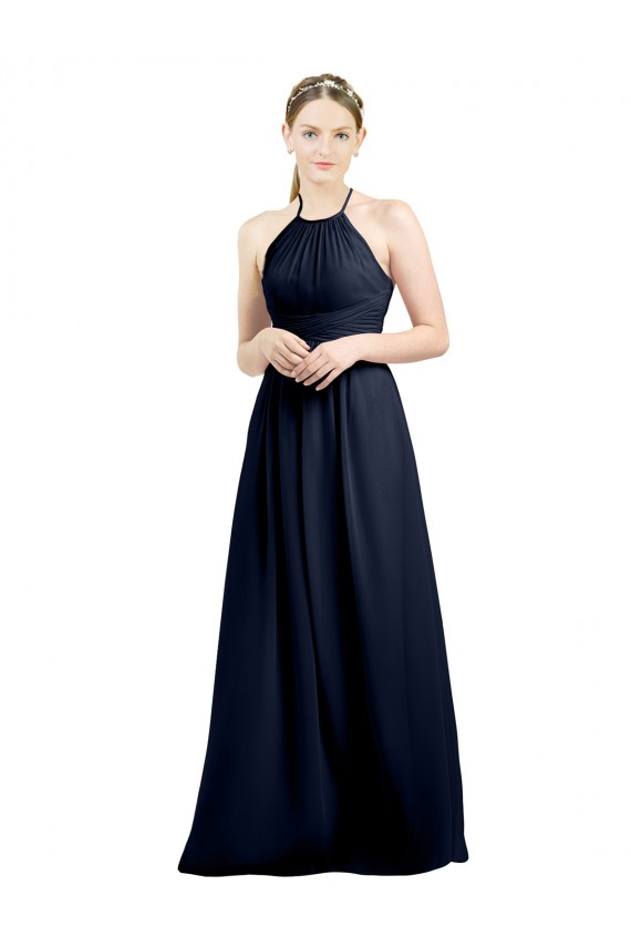 Azul marina oscuro línea A Halter Cuello Alto Gasa Largo Vestidos de dama de honor
