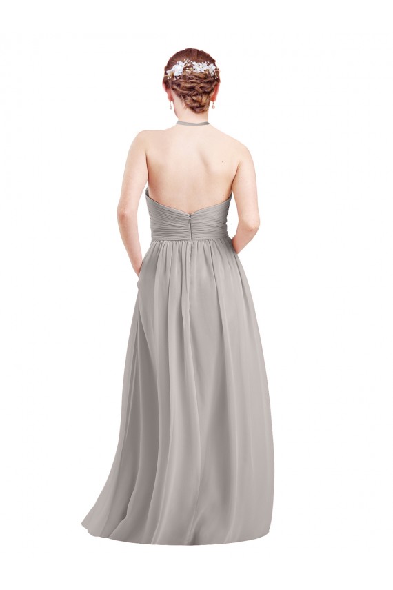 Azul marina oscuro línea A Halter Cuello Alto Gasa Largo Vestidos de dama de honor