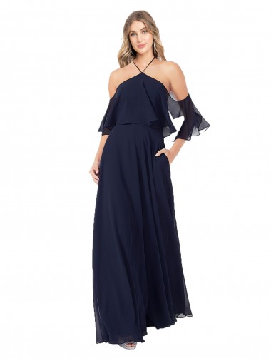 Azul marina oscuro línea A Halter Cuello Alto Gasa Largo Vestidos de dama de honor