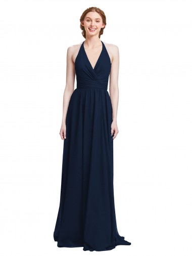 Azul marina oscuro línea A Halter Cuello en V Gasa Largo Vestidos de dama de honor