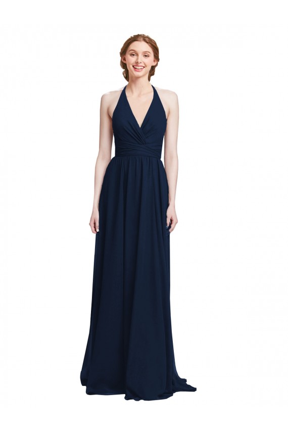 Azul marina oscuro línea A Halter Cuello en V Gasa Largo Vestidos de dama de honor