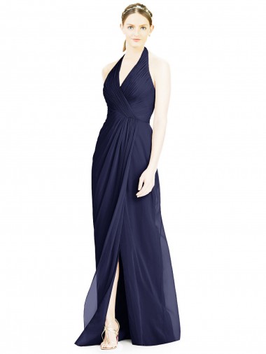Azul marina oscuro línea A Halter Cuello en V Gasa Largo Vestidos de dama de honor