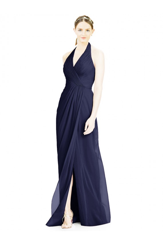 Azul marina oscuro línea A Halter Cuello en V Gasa Largo Vestidos de dama de honor