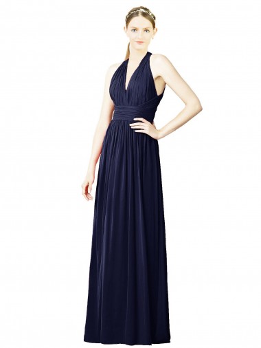Azul marina oscuro línea A Halter Cuello en V Gasa Largo Vestidos de dama de honor