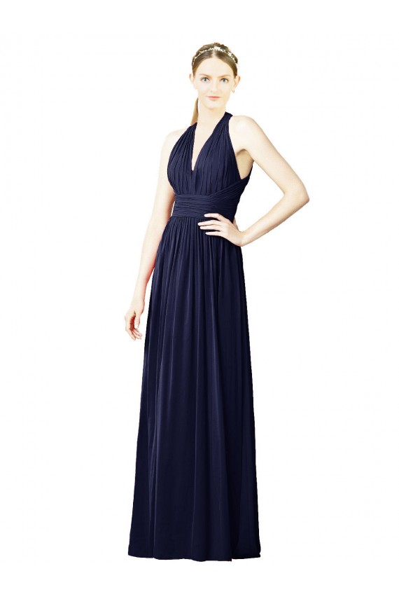 Azul marina oscuro línea A Halter Cuello en V Gasa Largo Vestidos de dama de honor