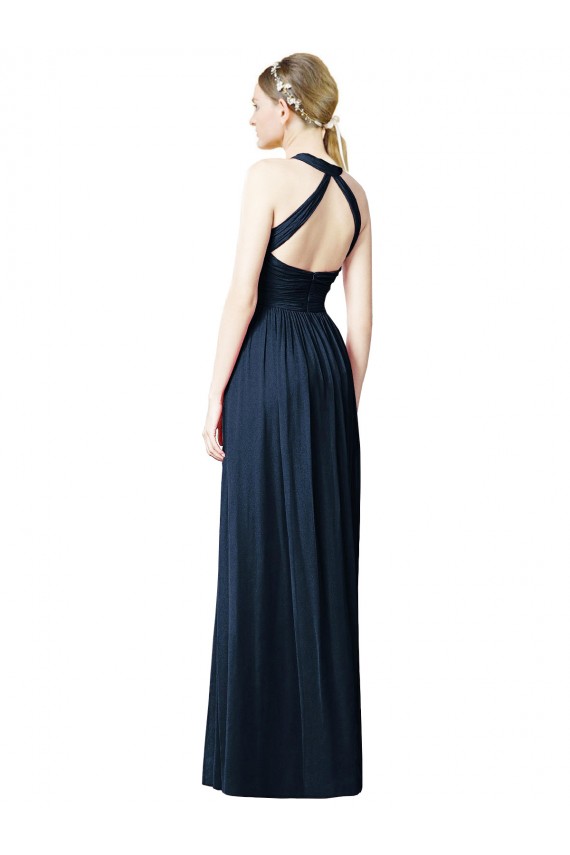 Azul marina oscuro línea A Halter Cuello en V Gasa Largo Vestidos de dama de honor