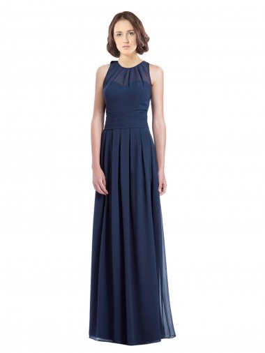 Azul marina oscuro línea A Halter Gasa Largo Vestidos de dama de honor