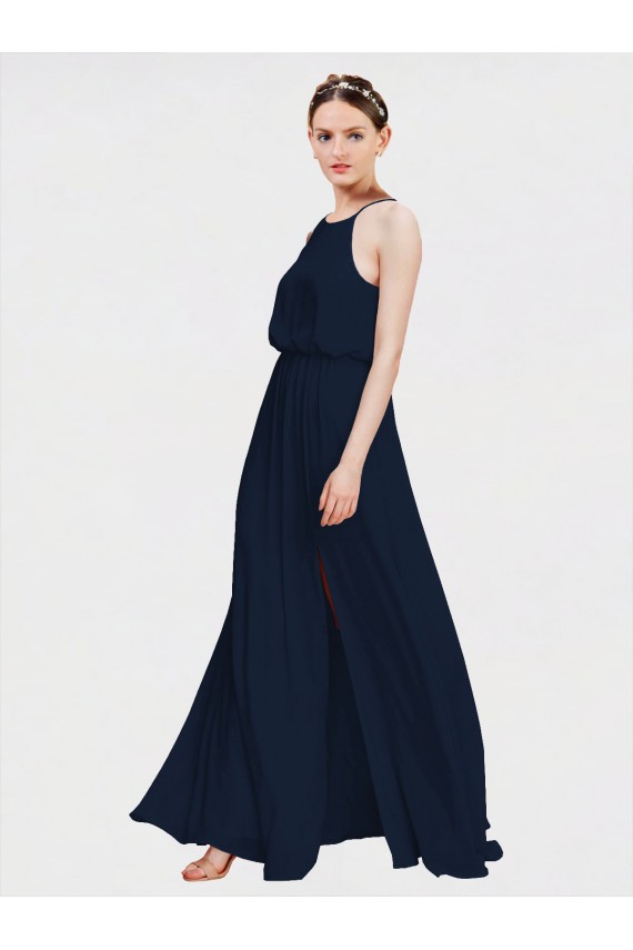 Azul marina oscuro línea A Halter Gasa Largo Vestidos de dama de honor