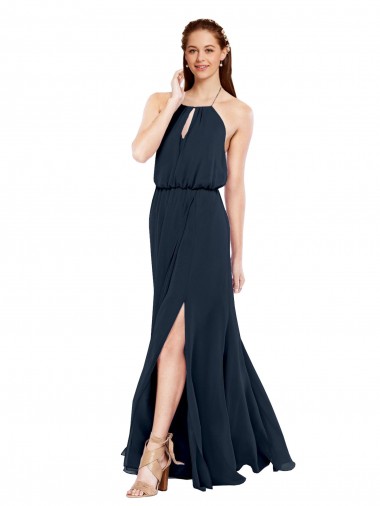 Azul marina oscuro línea A Halter Gasa Largo Vestidos de dama de honor