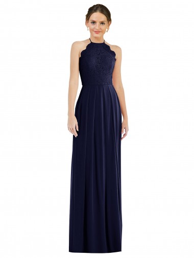 Azul marina oscuro línea A Halter Gasa Largo Vestidos de dama de honor