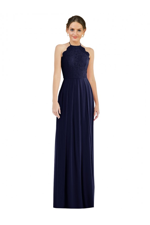 Azul marina oscuro línea A Halter Gasa Largo Vestidos de dama de honor