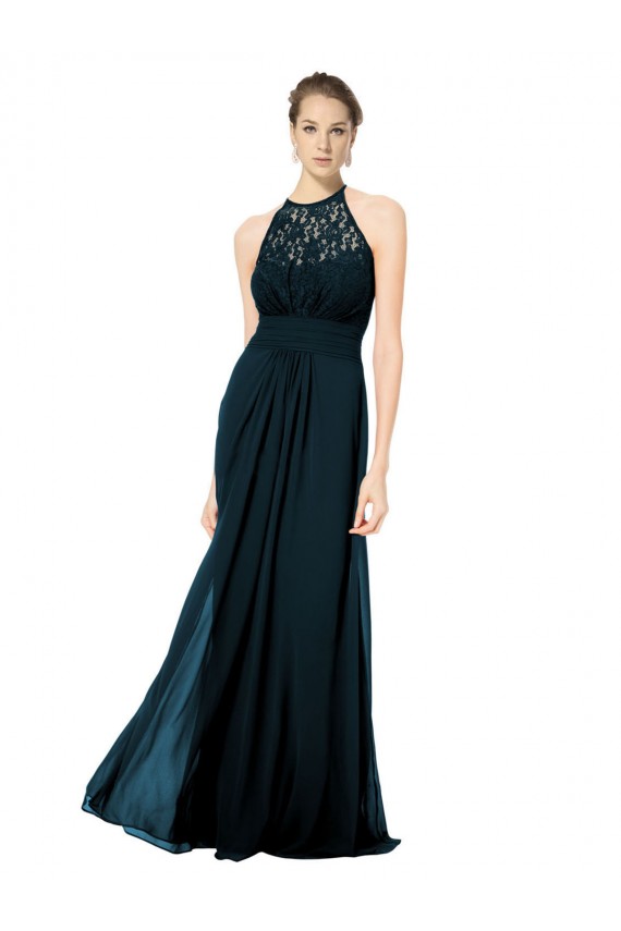 Azul marina oscuro línea A Halter Ilusión Gasa Encaje Largo Vestidos de dama de honor