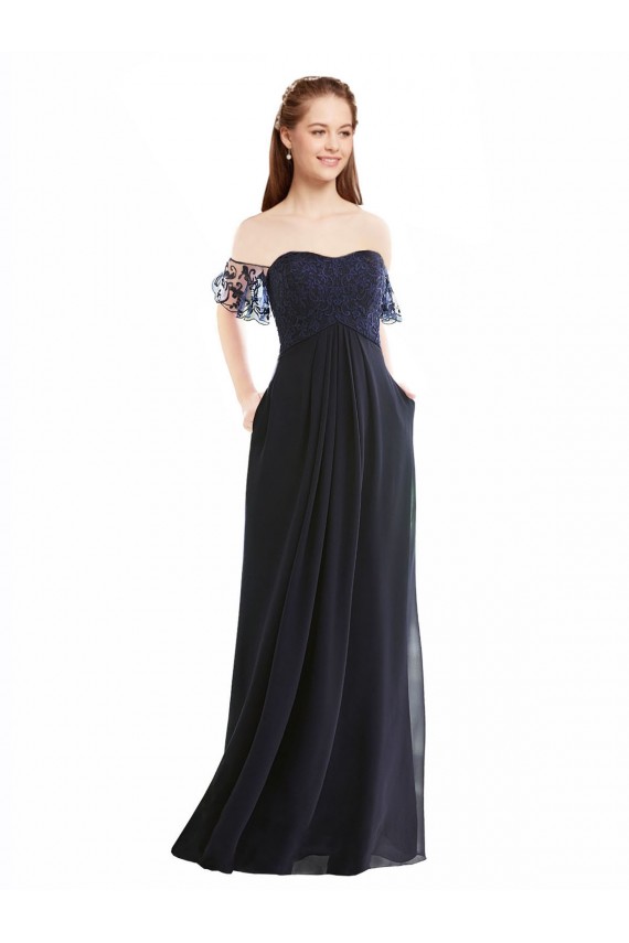 Azul marina oscuro línea A Hombros Descubiertos Cuello en V Gasa Encaje Largo Vestidos de dama de honor