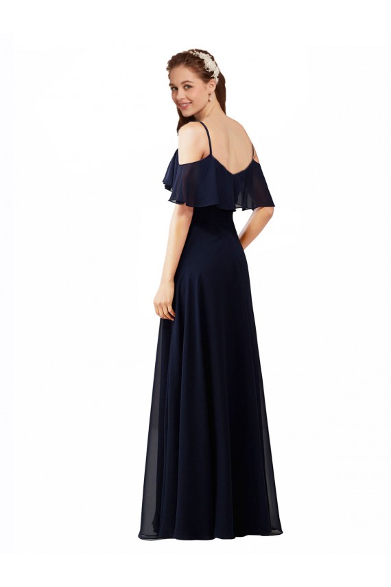 Azul marina oscuro línea A Hombros Descubiertos Cuello en V Gasa Largo Vestidos de dama de honor