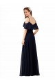 Azul marina oscuro línea A Hombros Descubiertos Cuello en V Gasa Largo Vestidos de dama de honor