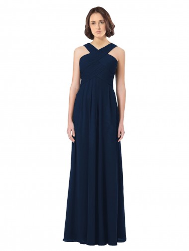 Azul marina oscuro línea A Hombros Descubiertos Gasa Largo Vestidos de dama de honor